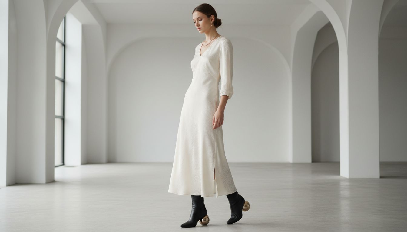 Женщина в длинном, струящемся платье-миди цвета слоновой кости, демонстрирующая ботильоны с крупным металлическим каблуком-сферой.