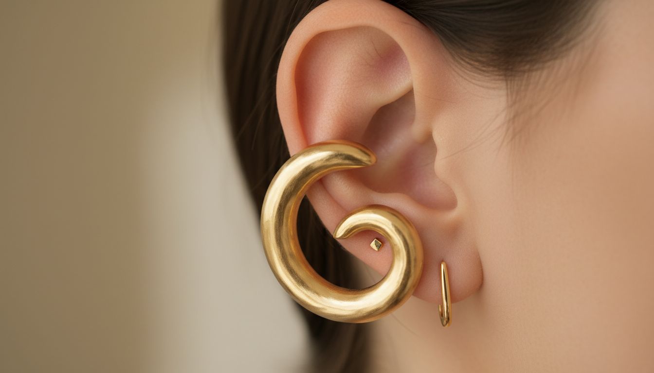 Крупный план жесткой золотой спиральной каффы на ухе, демонстрирующий ее текстуру и монументальный размер.