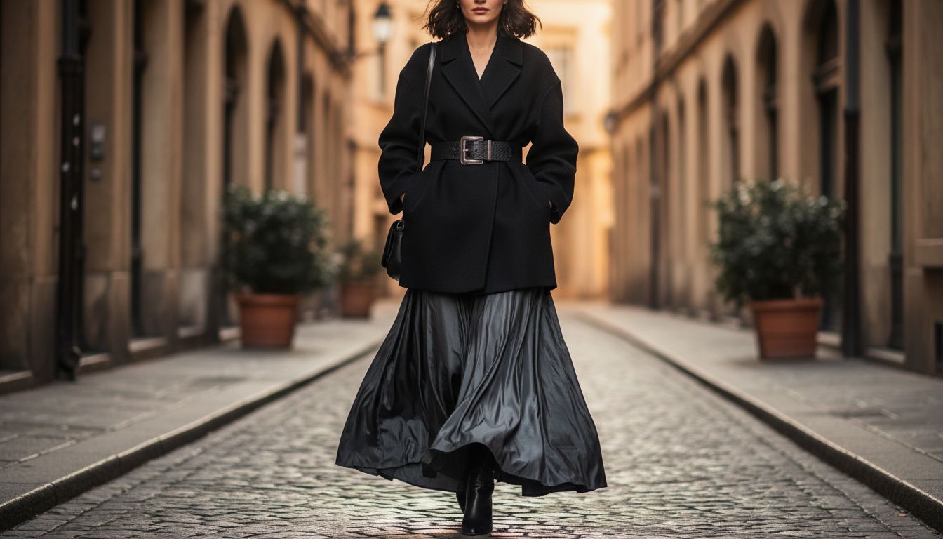 Девушка, идущая по городу, в черном оверсайз-пальто, перехваченном широким кожаным поясом, и шуршащей юбке-макси из тафтинга.