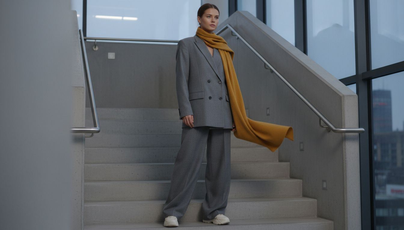 Модель в тотальном сером костюме (оверсайз блейзер и широкие брюки) с шарфом цвета Куркумы, небрежно перекинутым через плечо.