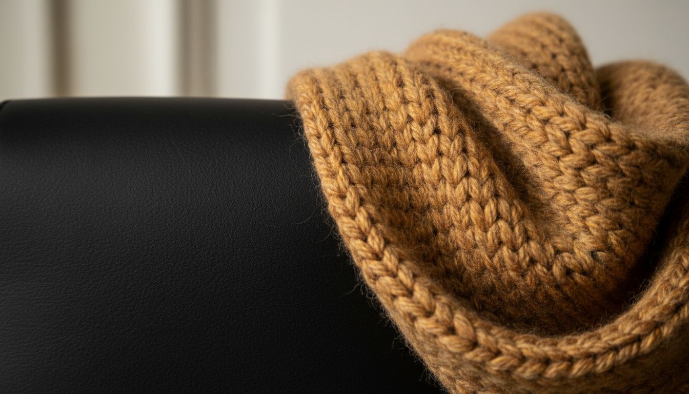 Деталь - сочетание текстур: край черной матовой кожи и шарф цвета Пряной Зиры.