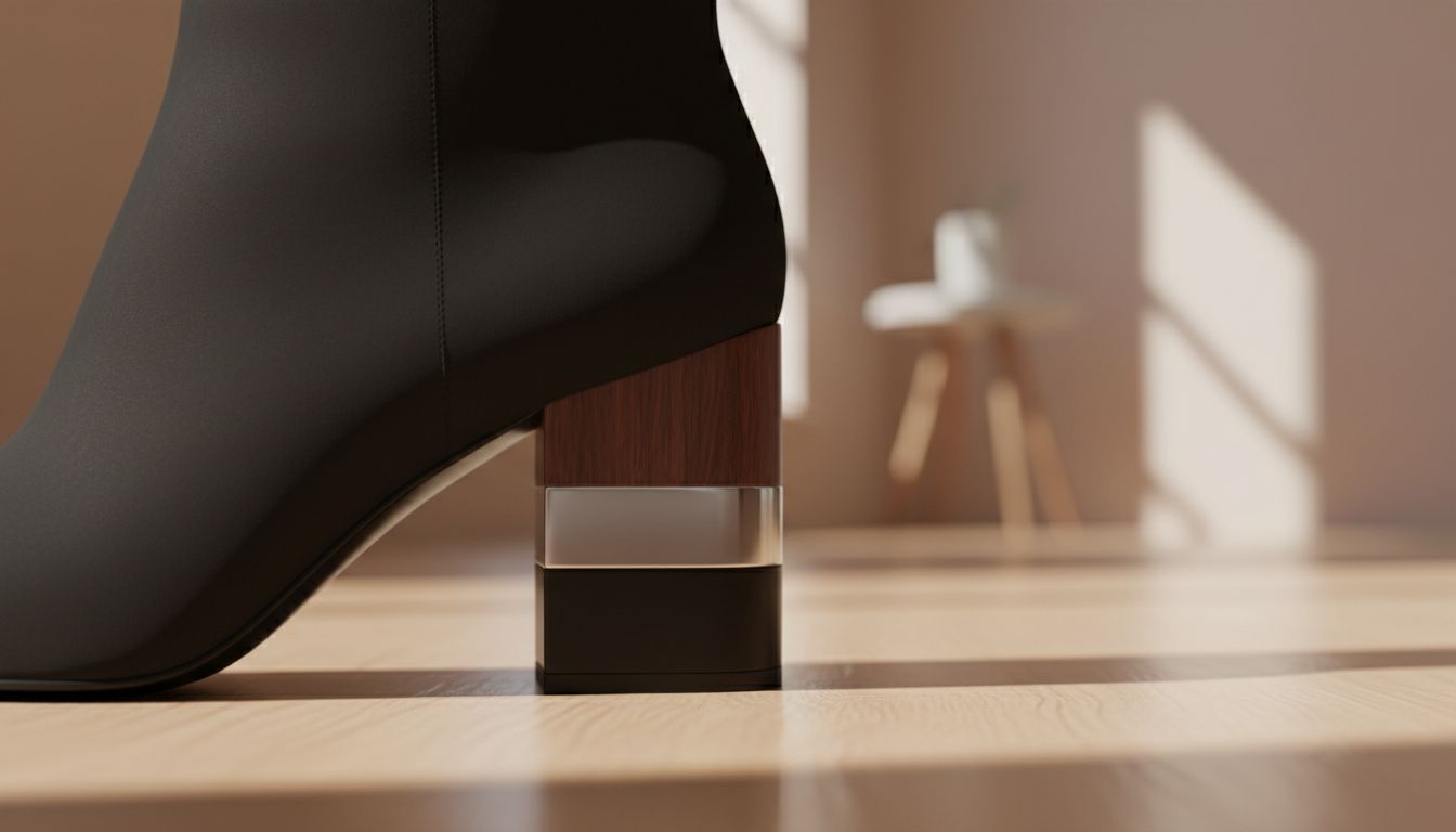 Крупный план ботильона, демонстрирующий каблук из трех наслоенных блоков: матовый черный, глянцевый серебристый и текстурированный темно-коричневый.