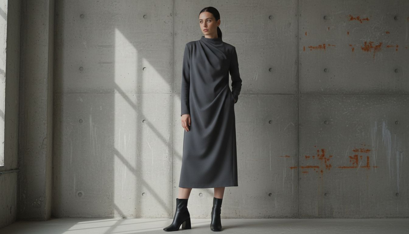 Стильный образ: женщина в плотном миди-платье цвета мокрого асфальта и минималистичных ботильонах с геометрическим каблуком-блоком, стоящая на фоне бетонной стены.