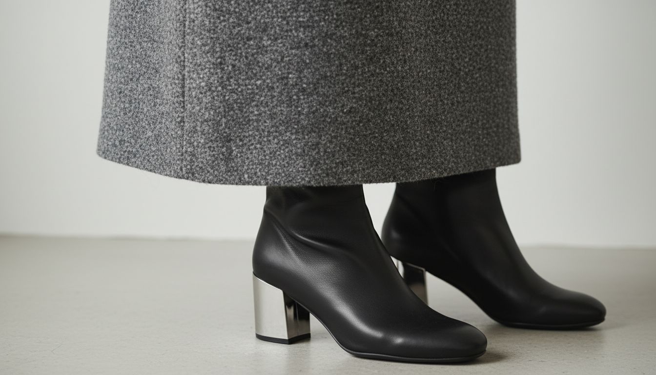 Деталь: Сочетание текстур - плотное шерстяное миди-платье, матовая кожа ботильона и глянцевый металлический блок каблука.