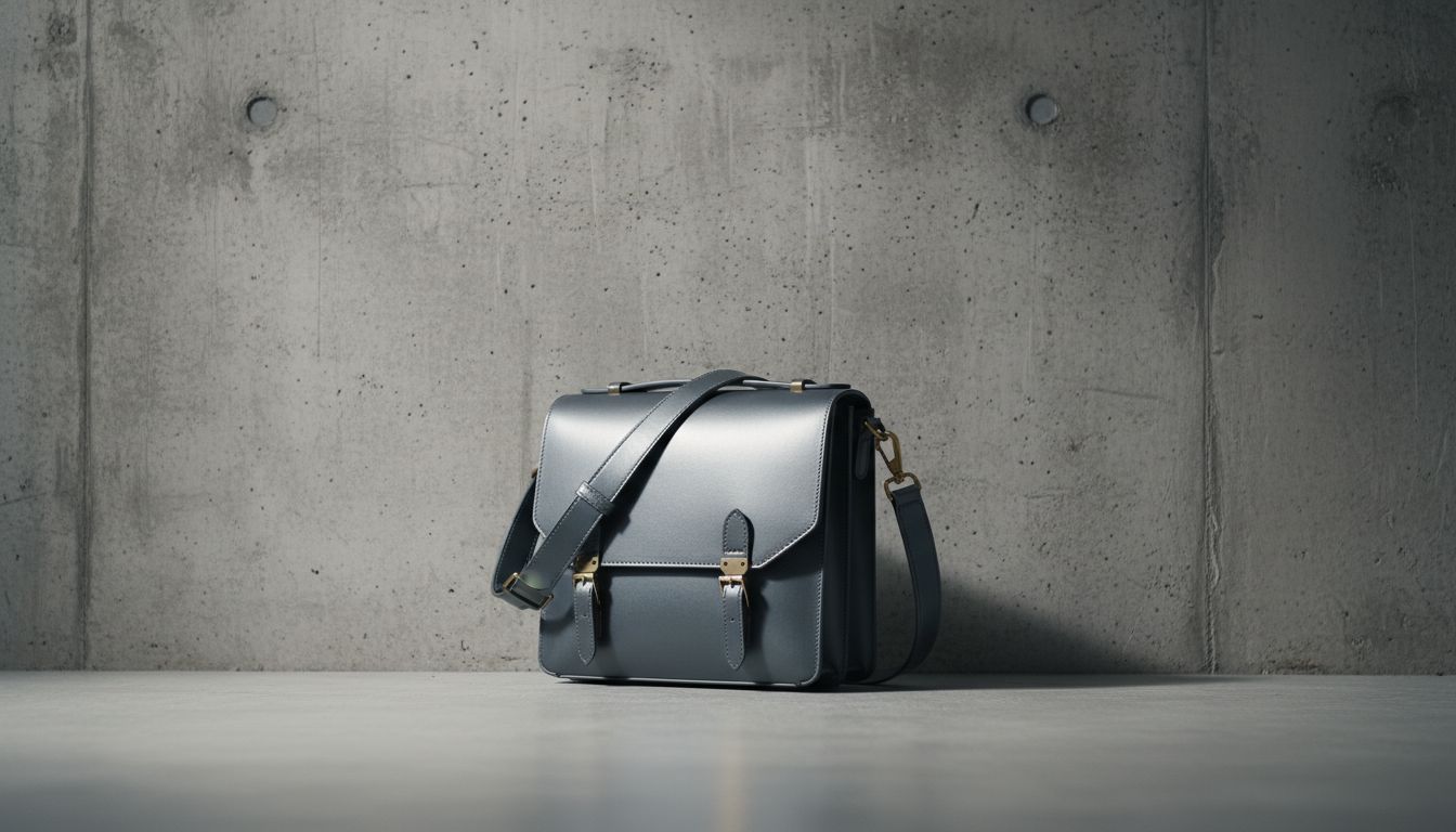 Структурированный кожаный мессенджер цвета Оружейной Стали на фоне бетонной стены, подчеркивающий индустриальную эстетику.