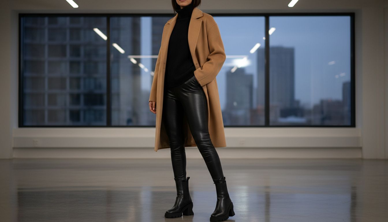 Стилизация пальто с глянцевыми черными леггинсами и массивными ботильонами на геометрическом каблуке.