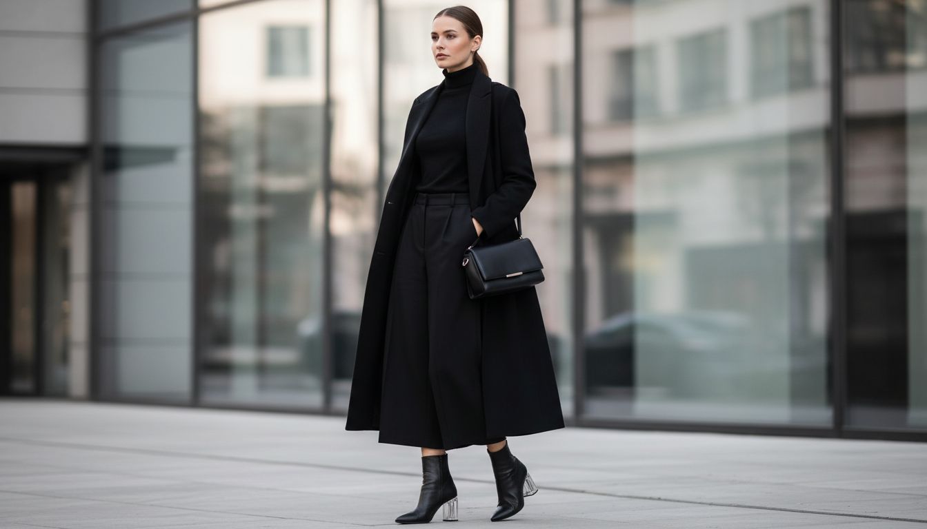 Стильный образ с черными кюлотами, водолазкой и ботильонами на прозрачном каблуке, демонстрирующий идеальную вертикаль.