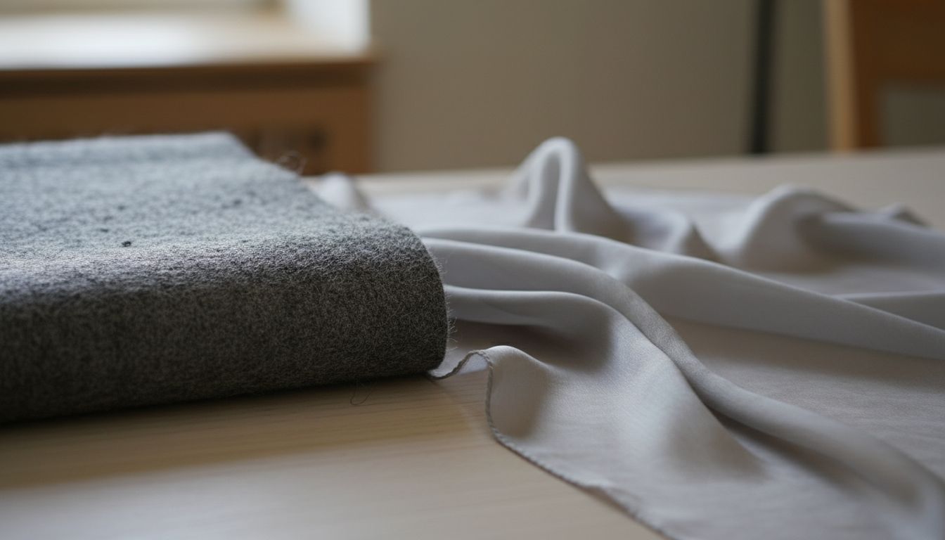 Крупный план текстуры прессованного фетра серого цвета рядом с тонкой, струящейся тканью технического шелка.