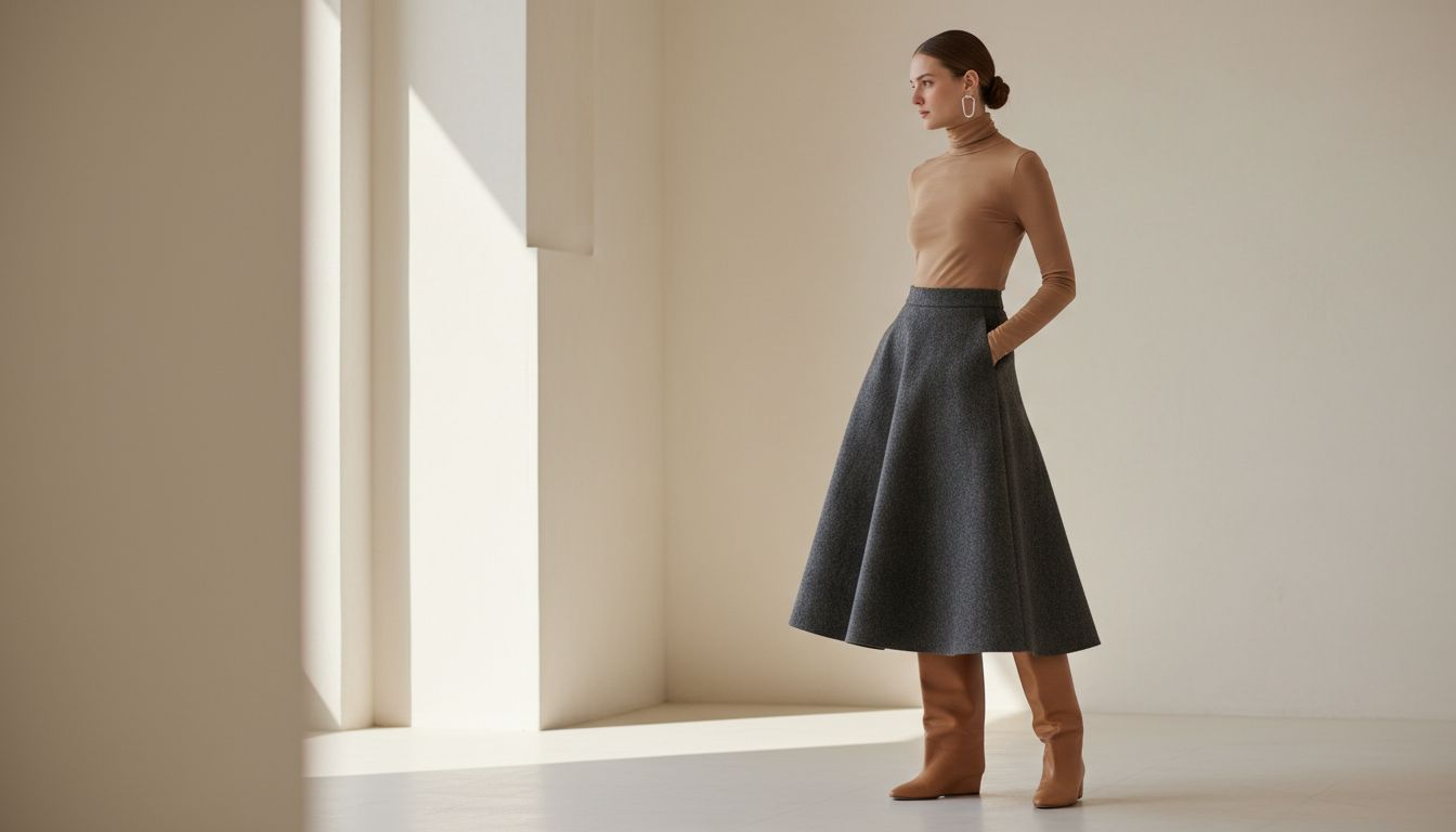 Женщина в юбке из прессованного войлока и высоких кожаных сапогах-трубах, демонстрирующая вертикальный силуэт.