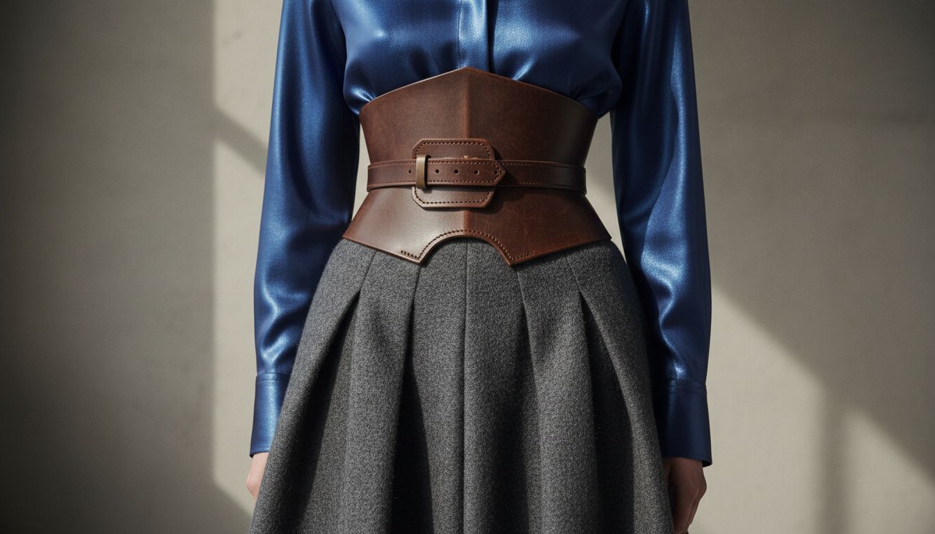 Детали: жесткий кожаный пояс-броня на талии поверх глянцевой рубашки, спускающейся в юбку из войлока.