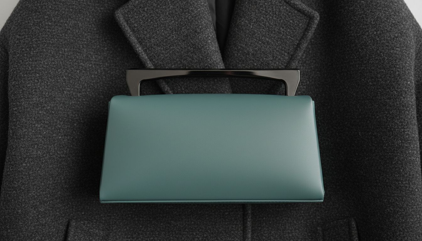 Сумка-багет матового морского тила с жесткой геометрической ручкой на фоне текстуры угольно-черного шерстяного пальто.