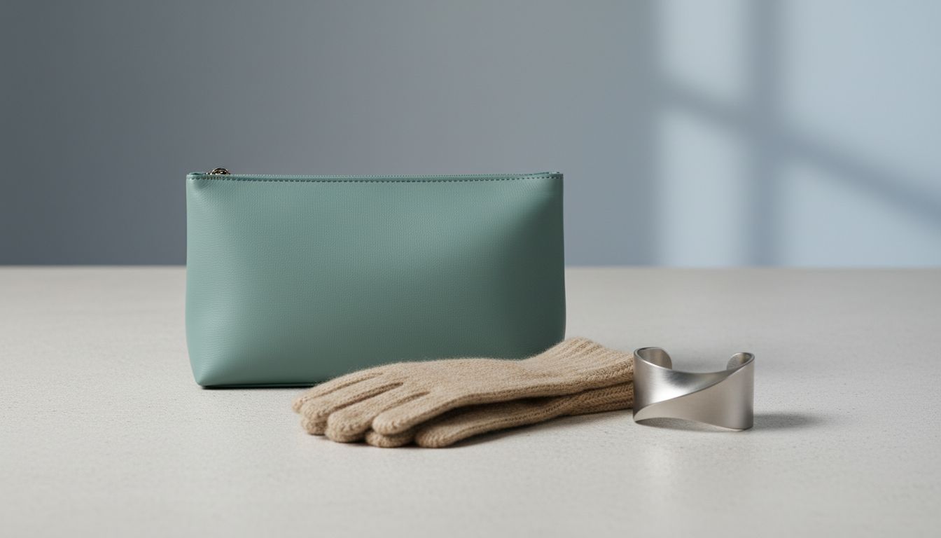 Стилизованный натюрморт: Сумка-багет цвета морского тила, жесткая каффа из матового серебра и перчатки из плотной шерсти песочного цвета.