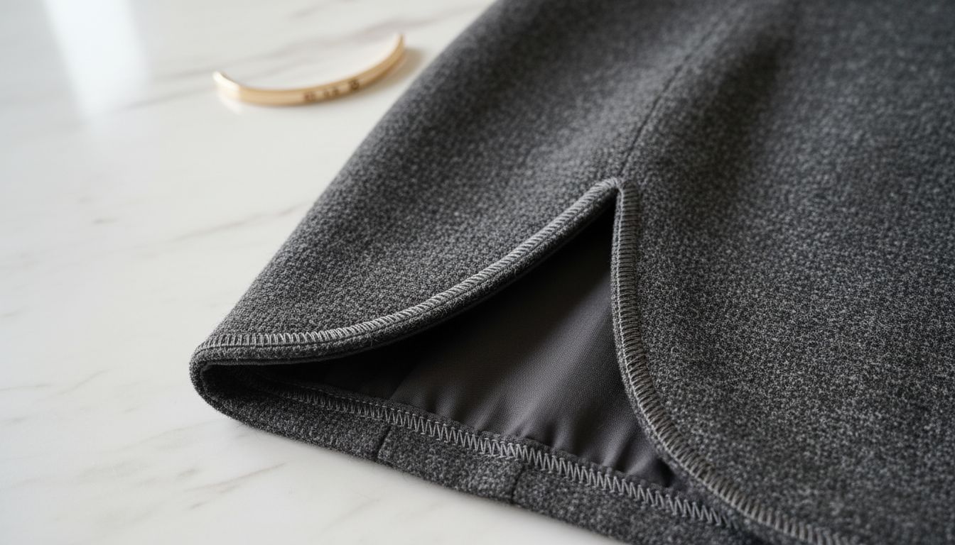Детальный снимок жесткого каркасного шва на подоле мини-платья из темно-серой шерсти.