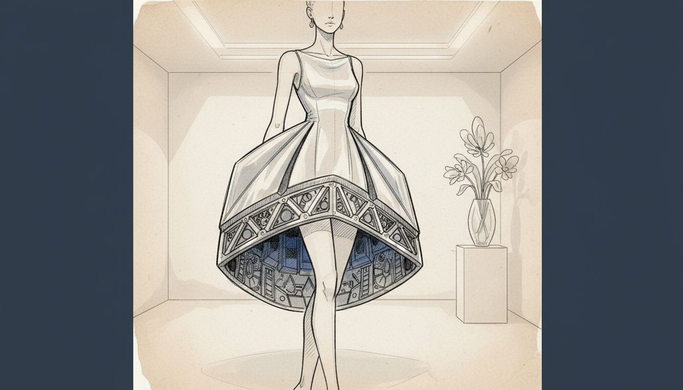 Футуристический эскиз мини-платья с жестким подолом, подчеркивающий его инженерную конструкцию.