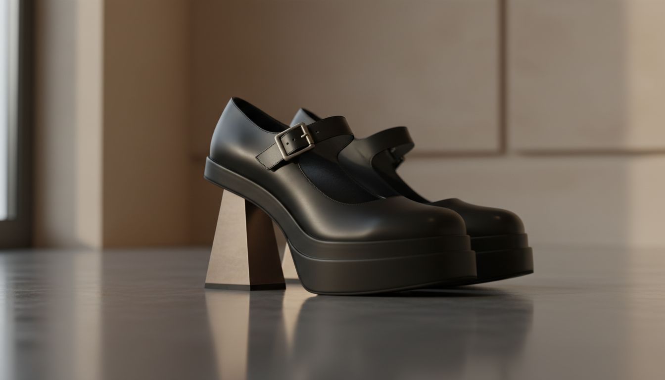 Крупный план туфель Мэри-Джейн на платформе с каблуком-перевернутой пирамидой, стоящих на глянцевом полу.