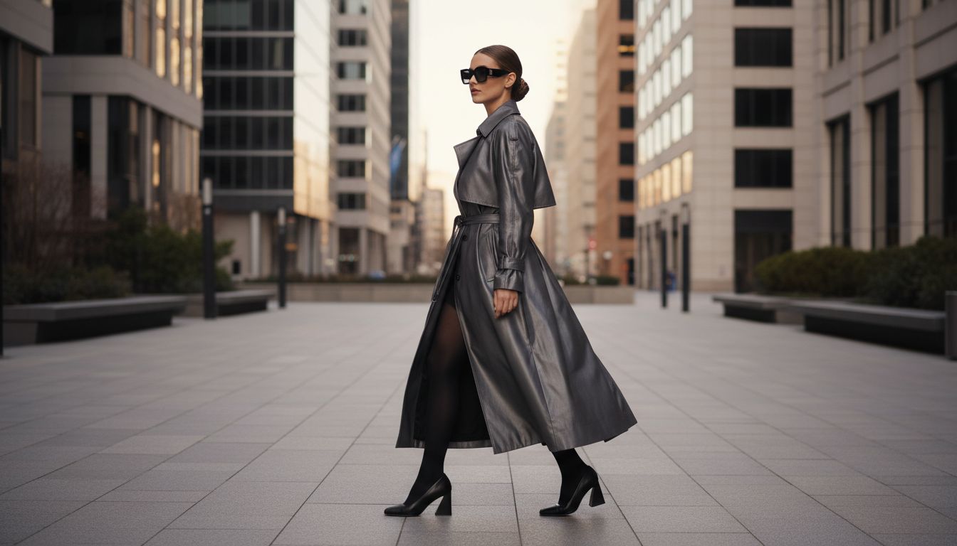 Девушка в длинном плаще из глянцевого технического материала, черных плотных колготках и туфлях с перевернутой пирамидой, идущая по городскому пейзажу.