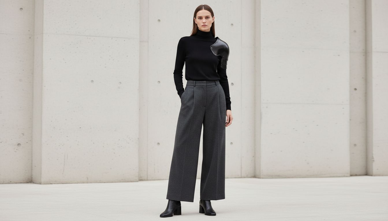 Стилизованный образ: черная водолазка, на плече жесткий наплечник, внизу - брюки-палаццо из плотной шерсти и минималистичные черные ботильоны.