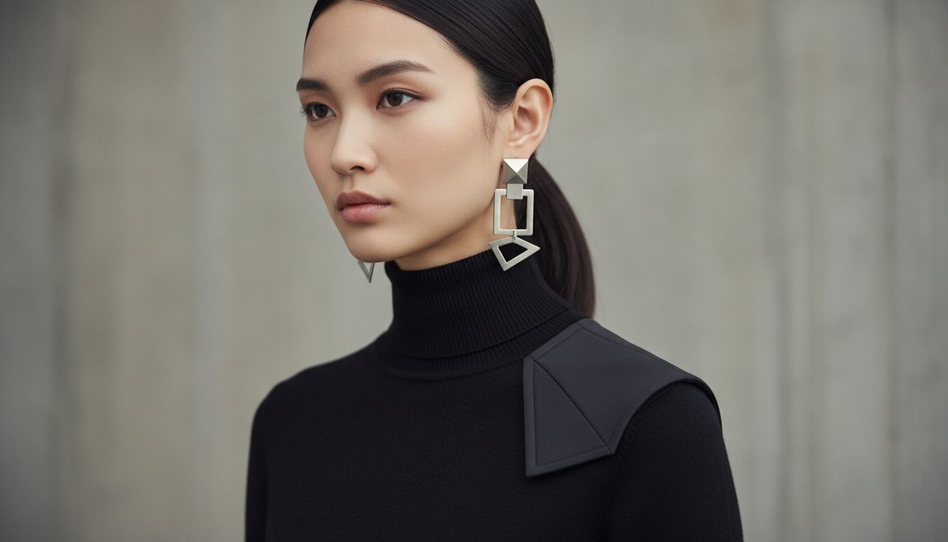 Модель крупным планом: на плече тонкой черной водолазки закреплена эполета из матового серого технического материала, образ дополнен гладкой прической и геометрическими серьгами.