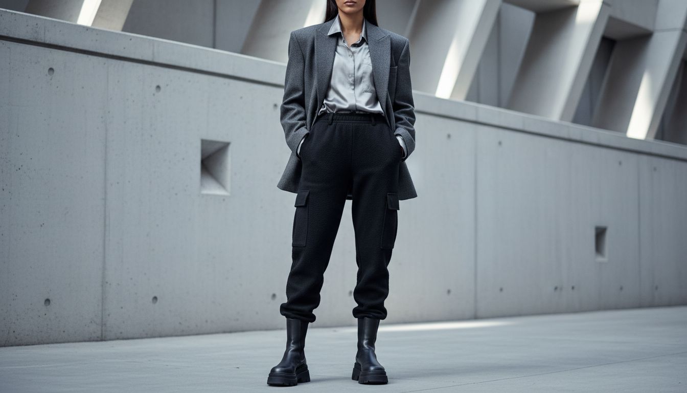 Общий вид образа: брюки карго из резинового флиса, глянцевая рубашка, массивные ботильоны на платформе и структурный оверсайз-блейзер.