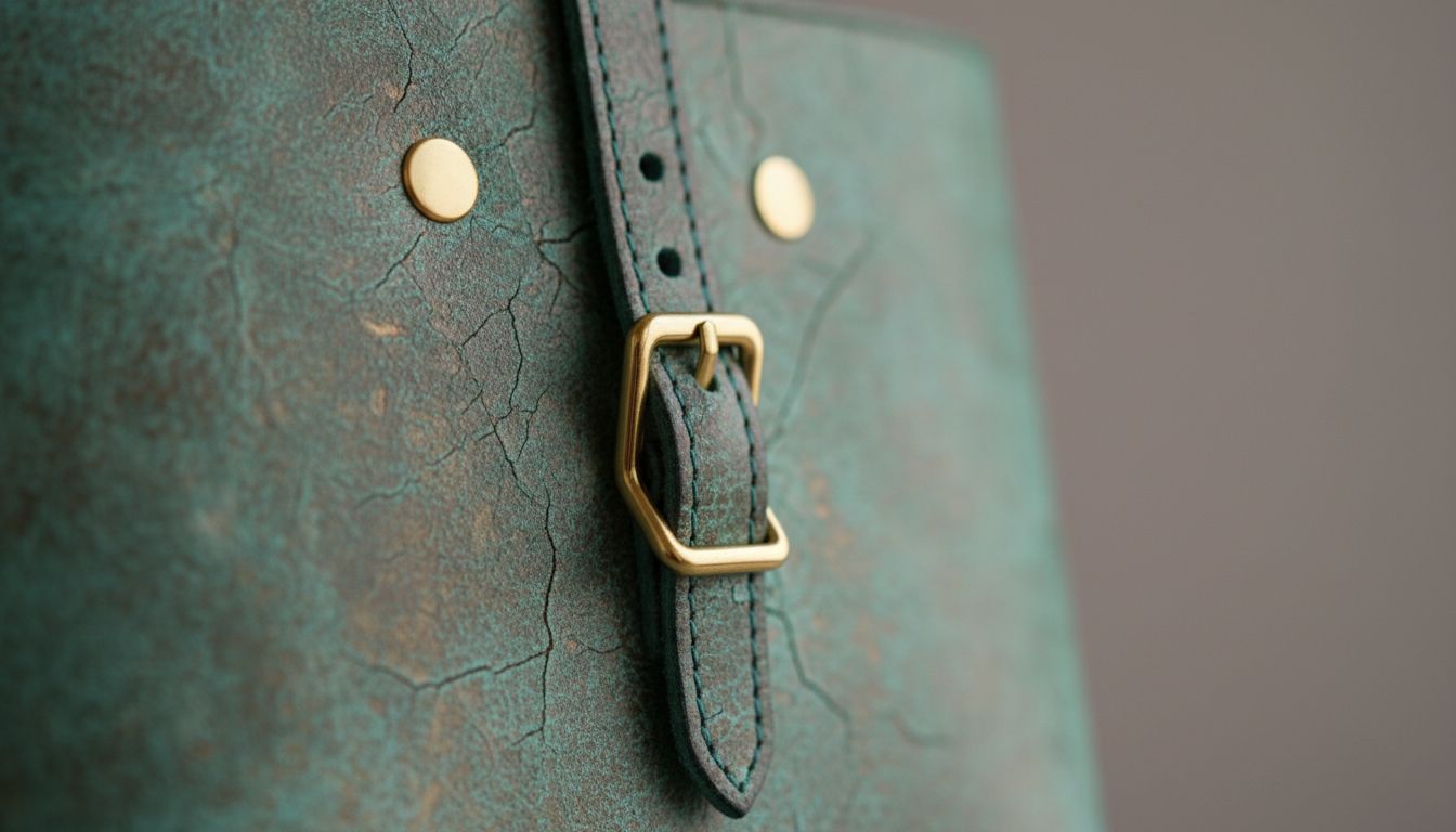 Крупный план жесткой кожи цвета вердигри с видимой, но приглушенной патиной и минималистичной фурнитурой.