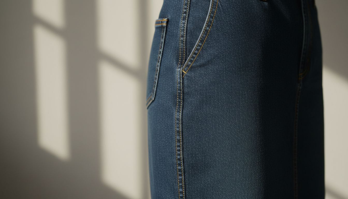 Детальный снимок жесткого внешнего шва-ранта на темно-синей денимовой юбке-футляре, показывающий контрастную желтую строчку и четкую вертикальную линию.