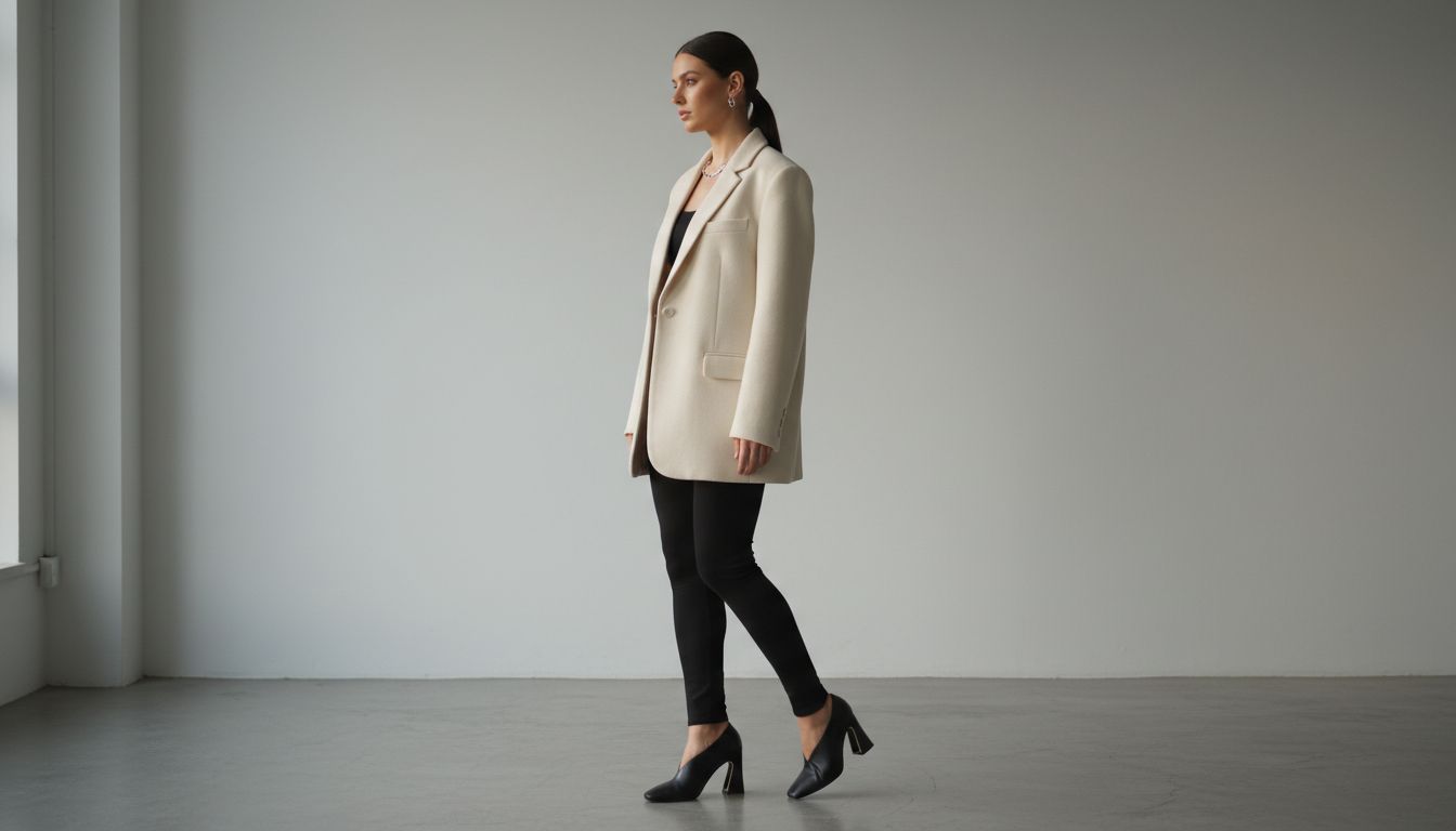 Девушка в оверсайз-блейзере и плотных черных леггинсах, демонстрирующая лодочки с каблуком-сплит.