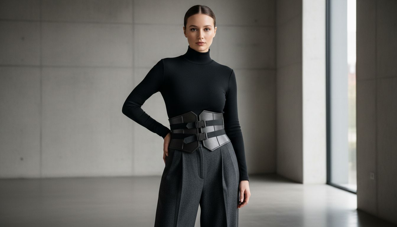 Женщина в черной неопреновой водолазке и серых шерстяных брюках с высокой посадкой, дополненной массивным поясом-броней из матовой оружейной стали.