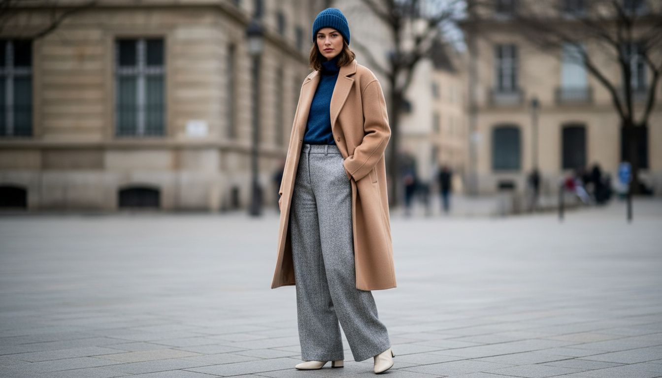 Модель в оверсайз-пальто цвета песочный беж, с кашемировой бини петрольного синего цвета и серебристо-серыми шерстяными брюками.