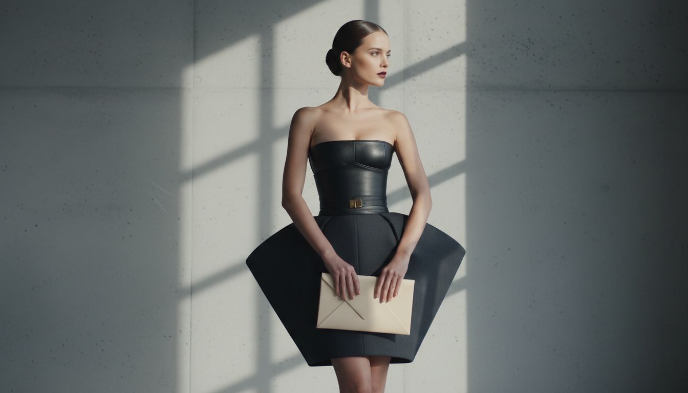 Стилизованный образ, демонстрирующий жесткий набедренный объем, пояс-корсет и минималистичный клатч-конверт в руках.