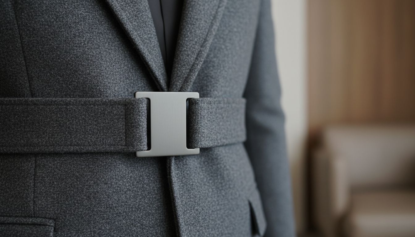 Крупный план жесткой пряжки-замка из матовой оружейной стали, зафиксированной на толстом шерстяном блейзере.