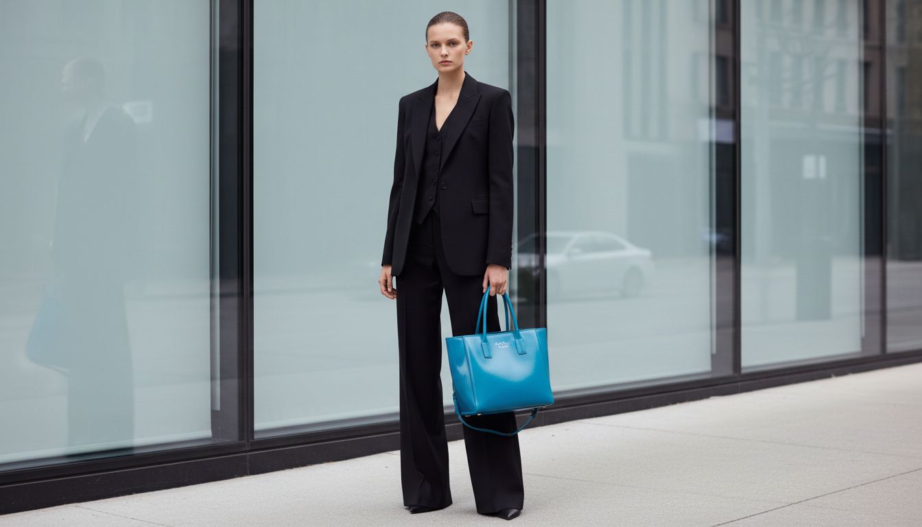 Модель в тотальном черном костюме-тройке из жесткой шерсти, дополненном глянцевой сумкой-тоут MDT Циан, создающей резкий цветовой акцент.