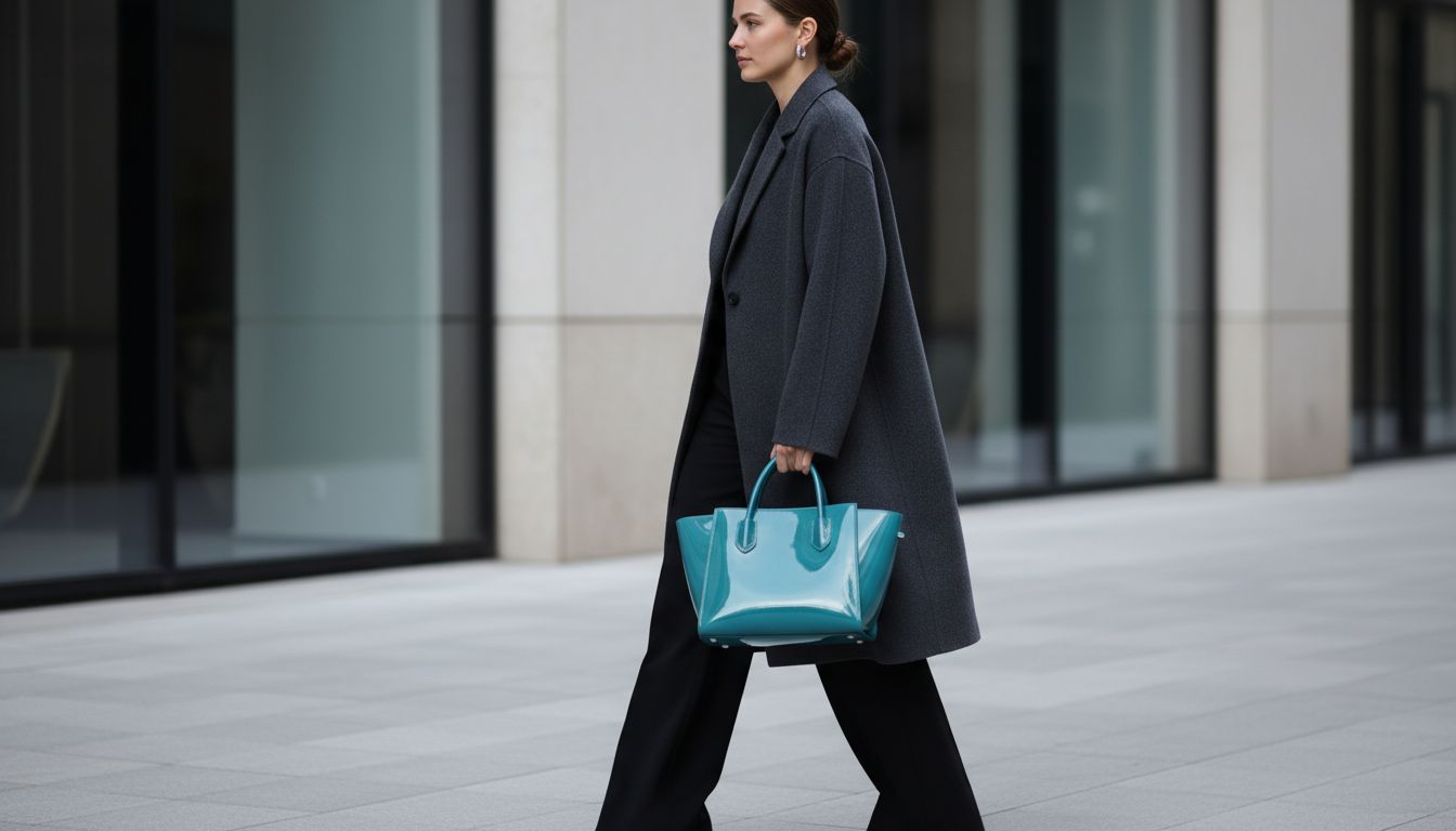 Женщина в оверсайз-пальто цвета антрацит и широких черных брюках, держащая в руке глянцевую сумку-тоут цвета циана.