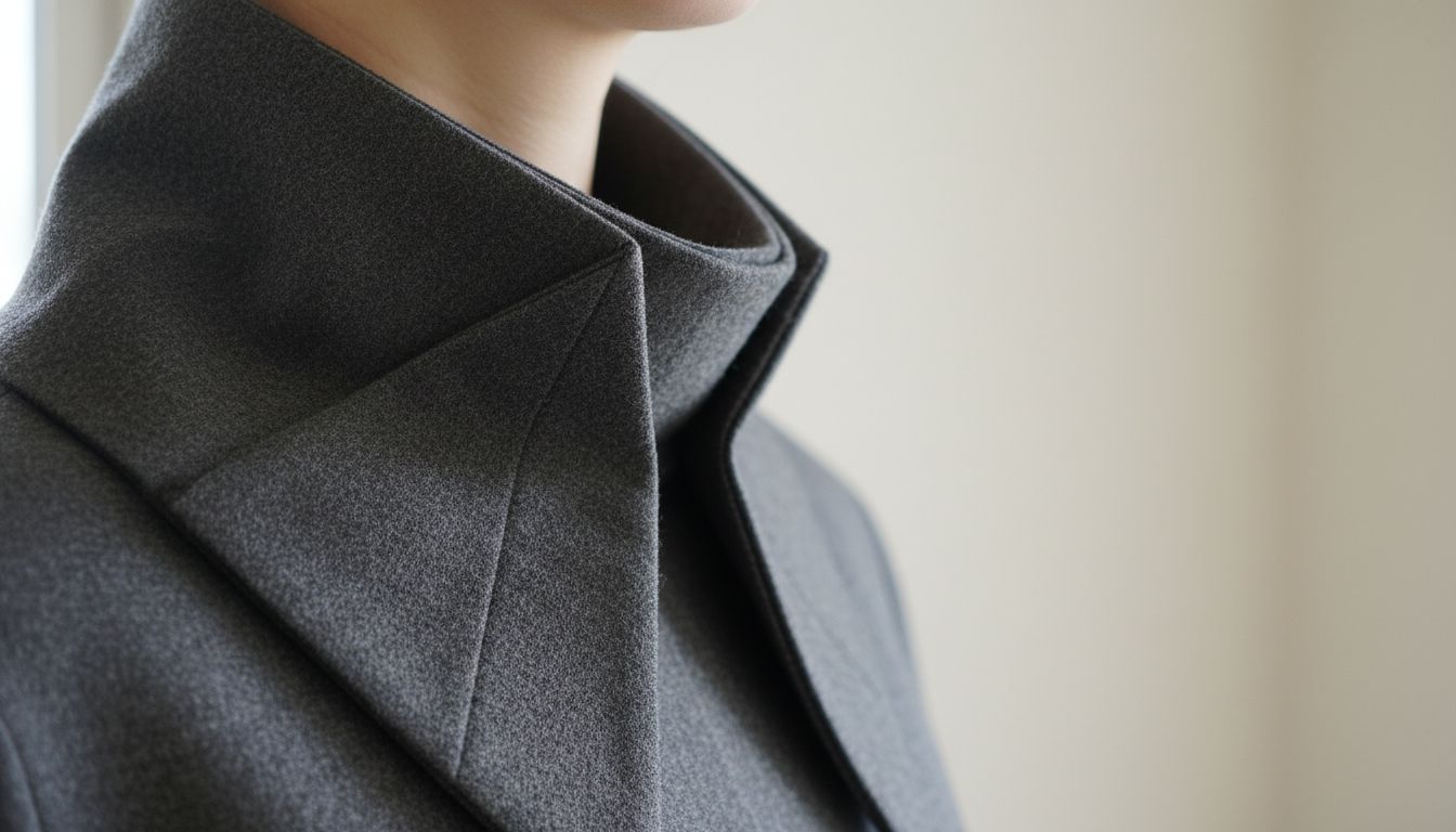 Крупный план воротника-оригами, демонстрирующий острые, четко зафиксированные складки и плотную текстуру шерстяной ткани.