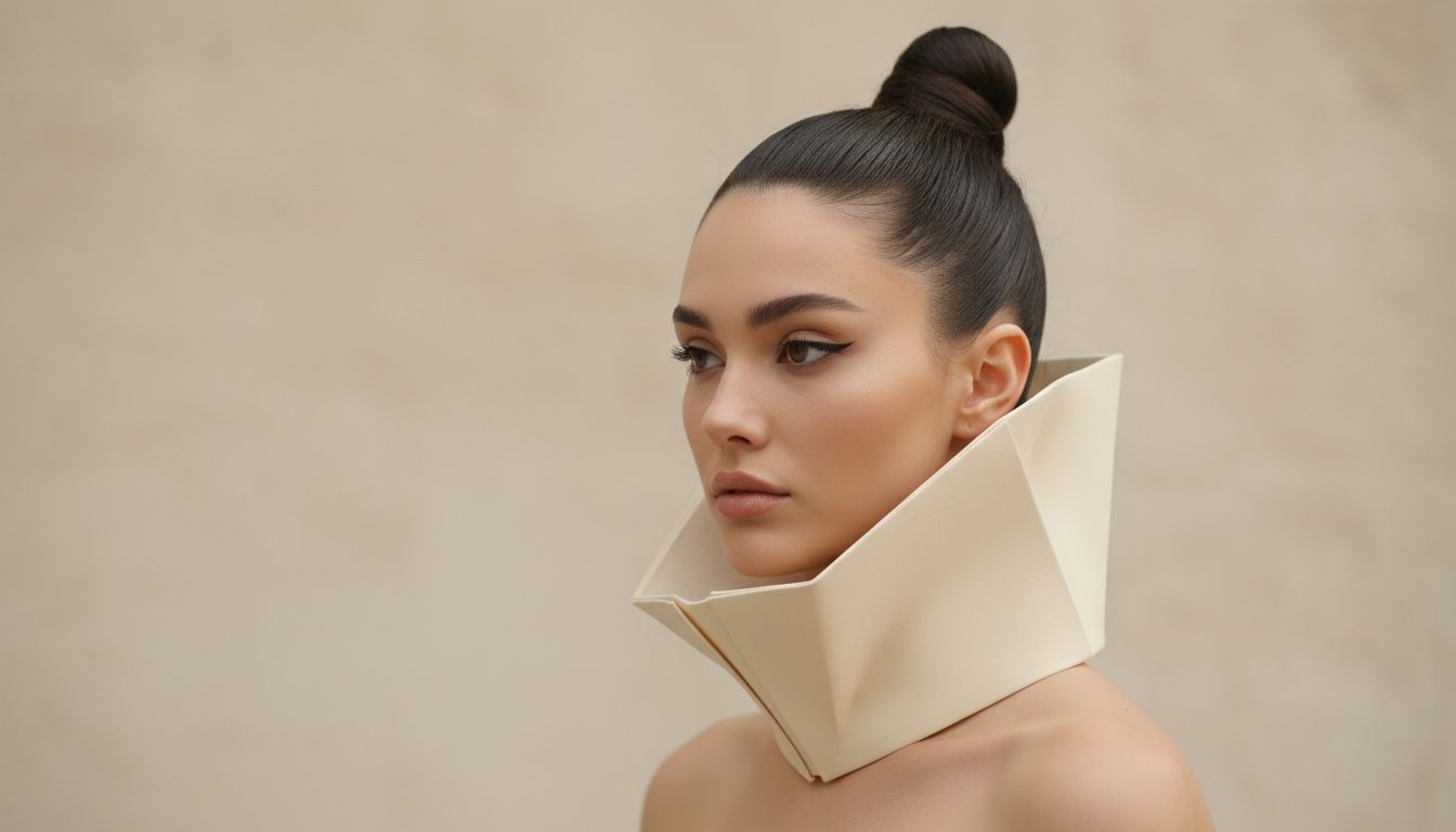 Женщина с идеально гладким, высоким пучком, демонстрирующая, как прическа открывает шею и подчеркивает монументальность воротника-оригами.