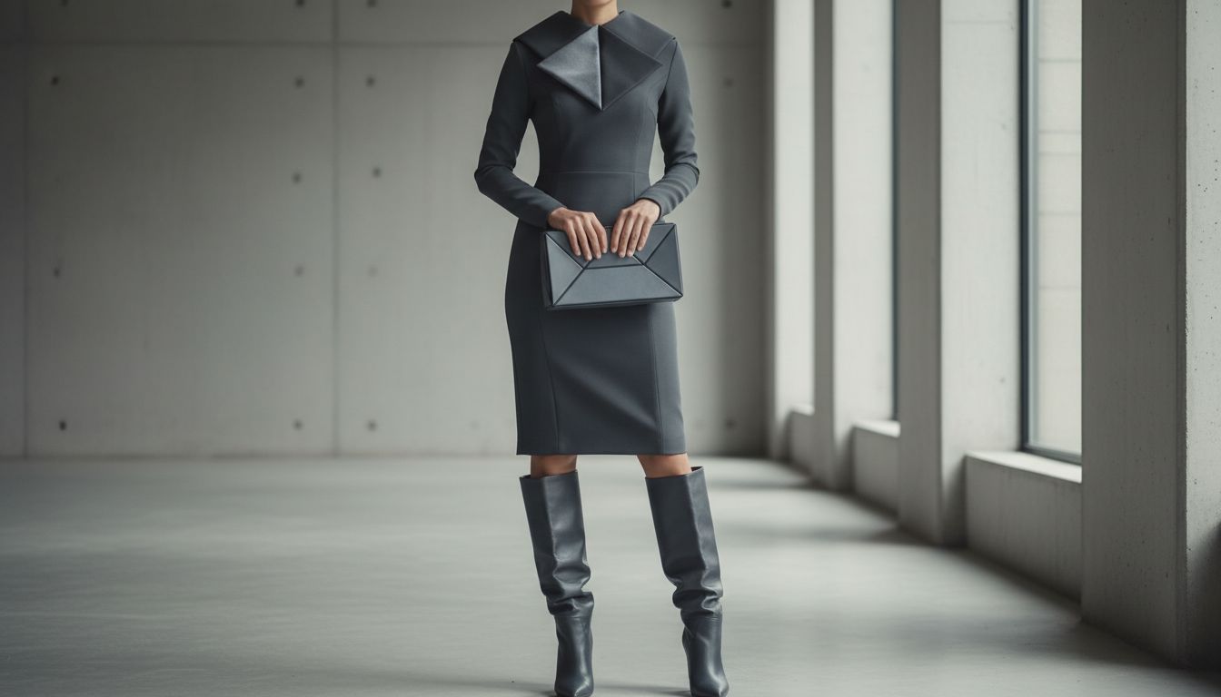 Образ в целом: платье-футляр с воротником-оригами, высокие сапоги-трубы и геометрический клатч. Все в одной цветовой гамме.
