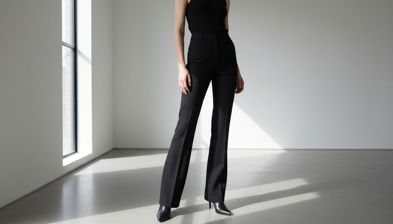 Модель в черных плотных брюках-клеш и ботильонах с каблуком-лезвием, демонстрирующая идеальную длину брючины.