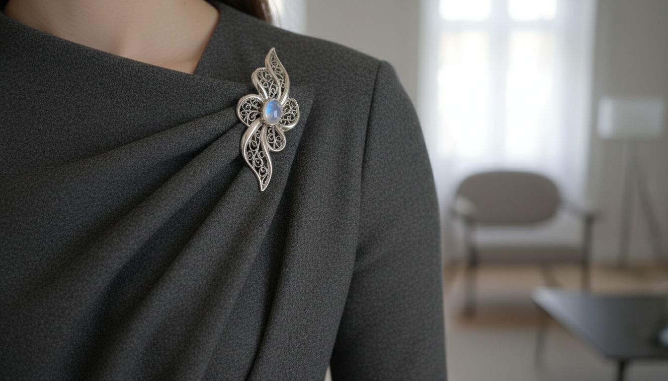 Деталь: Булавка-брошь используется для фиксации драпировки на плече плотного шерстяного платья-макси, создавая асимметричный силуэт.