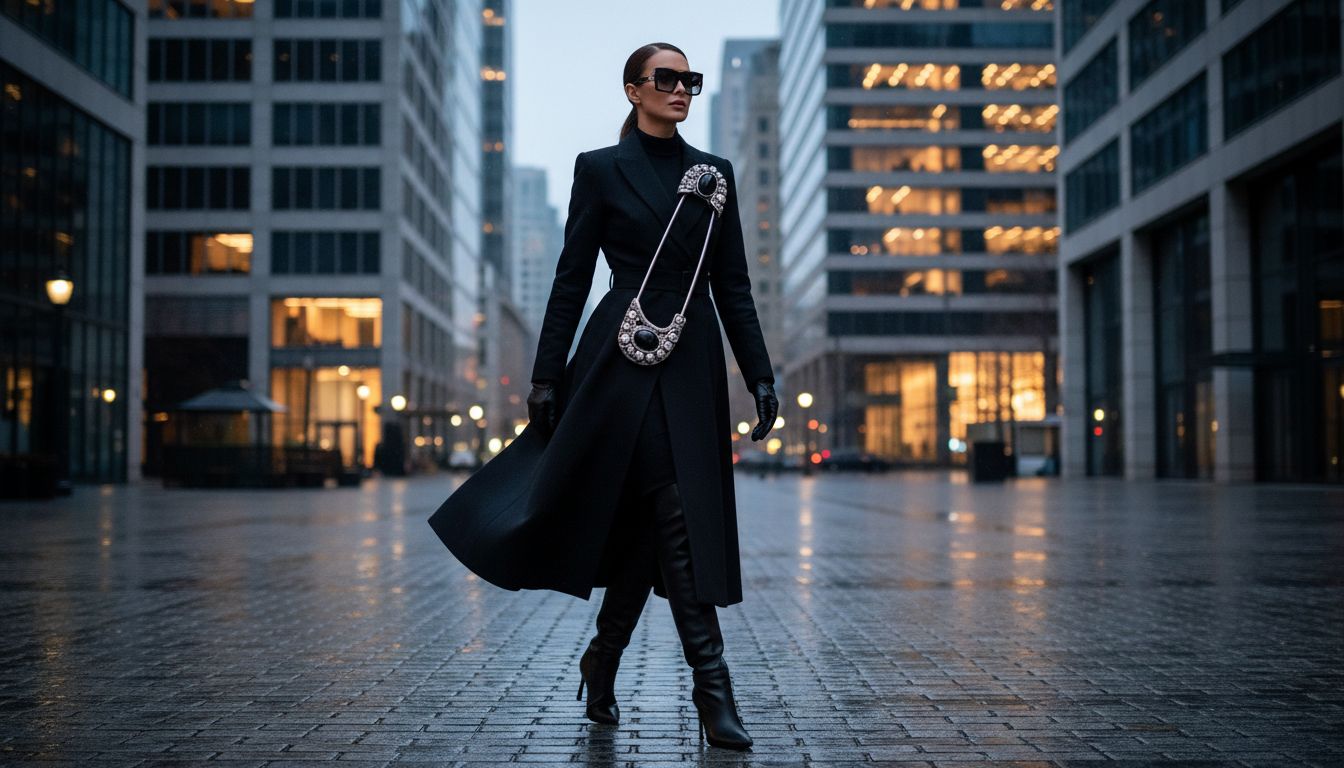 Женщина в черном пальто с монументальной булавкой-брошью, идущая по городскому пейзажу, демонстрируя ощущение силы и контроля.