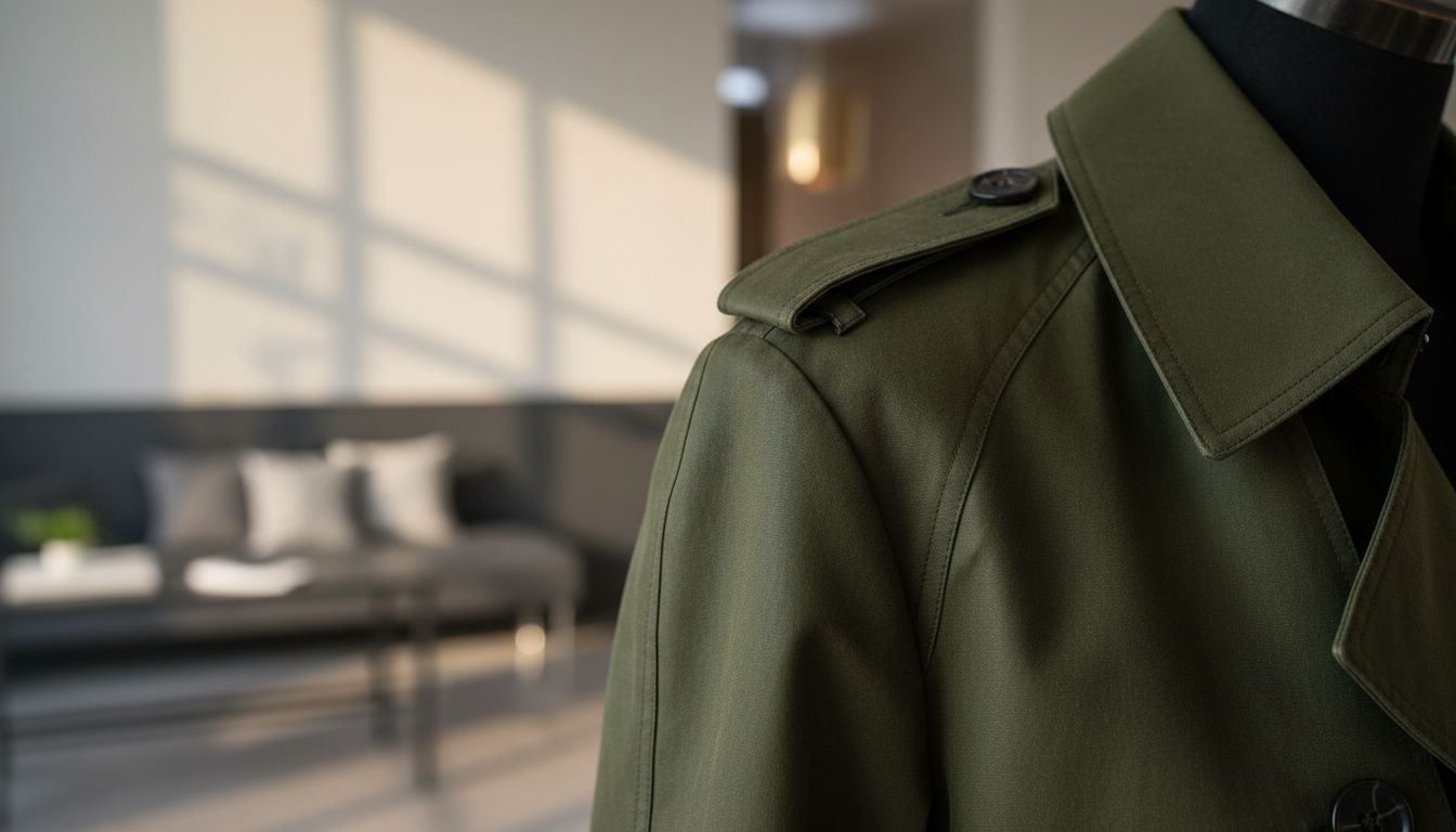 Детализированный снимок жесткой плечевой линии тренча, демонстрирующий угловатый крой и плотную текстуру вощеного хлопка.