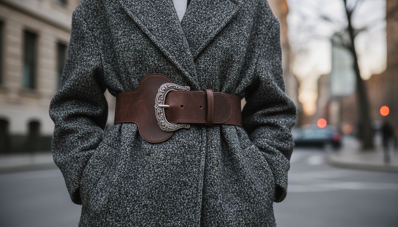 Аксессуары: крупный кожаный пояс-броня с металлической пряжкой, надетый поверх твидового пальто-кокон для фиксации силуэта.