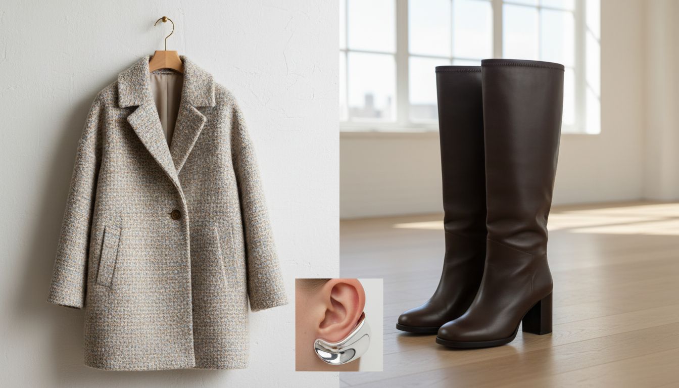 Стилевой коллаж, где твидовое пальто-кокон сочетается с высокими сапогами-трубами и скульптурной моно-каффой.