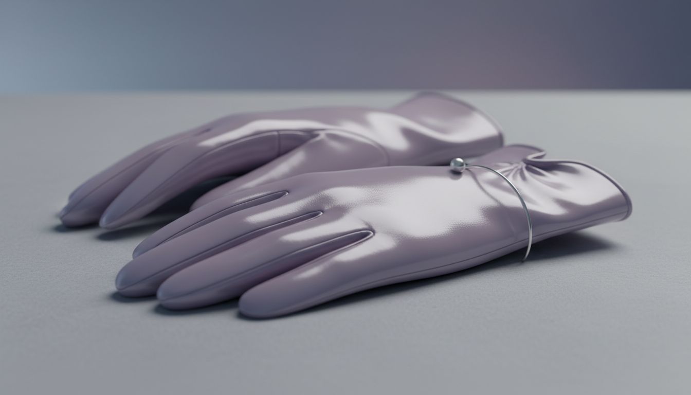 Крупный план глянцевых кожаных митенек цвета Технический Ледяной Лавандовый, демонстрирующих фактуру и блеск материала.