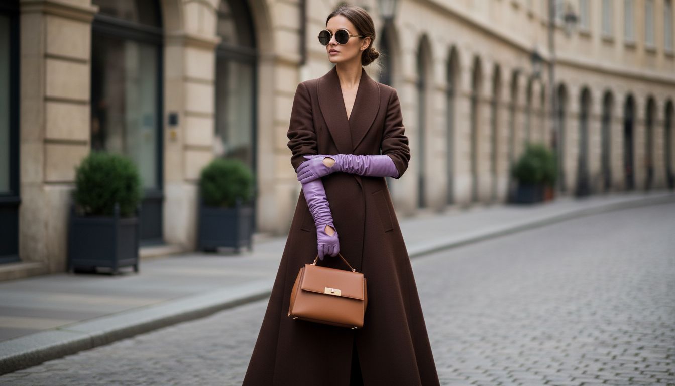 Модель в шоколадном пальто, держащая в руке сумку, с глянцевыми лавандовыми митенками, создающими цветовой акцент.