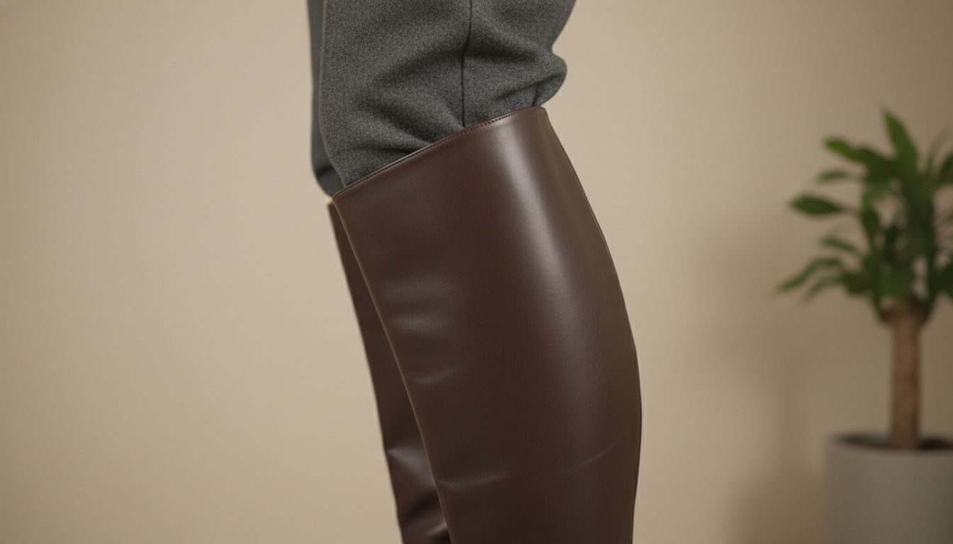 Крупный план жесткого манжета-ботфорта на шерстяных брюках, демонстрирующий его структурность и плотность материала.