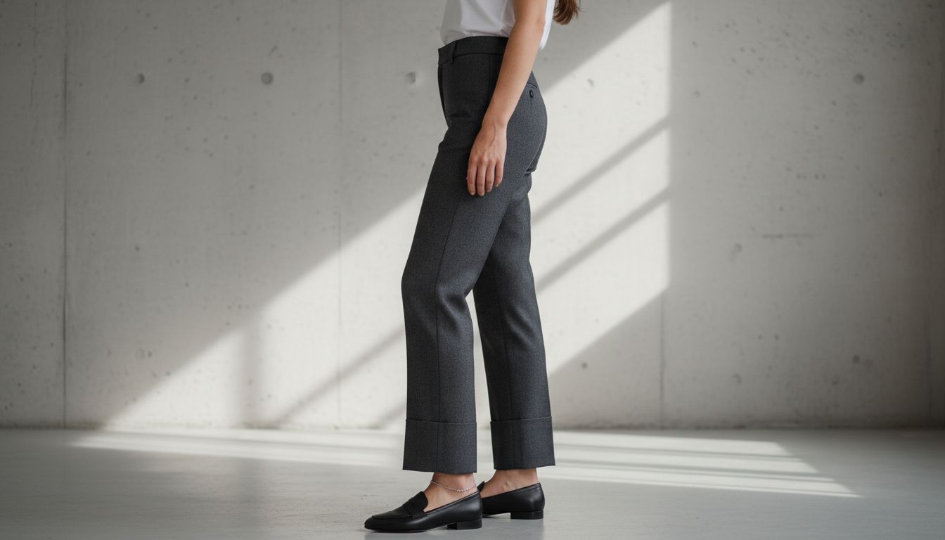 Модель в профиль, демонстрирующая идеальное сочетание жесткого манжета-ботфорта на брюках и минималистичных черных лоферов, акцент на лодыжке.