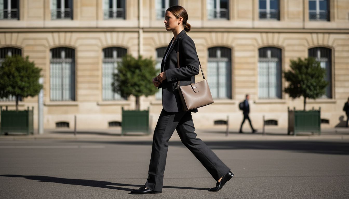 Стилизованный образ: девушка в брюках с жестким манжетом-ботфортом, плоских лоферах, строгом блейзере и минималистичной сумкой, идущая по городской улице.