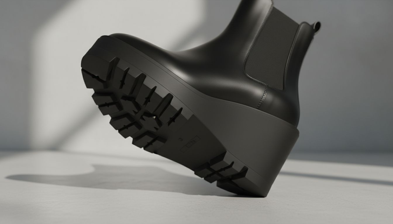 Крупный план скульптурного клиновидного протектора на подошве черного ботинка-челси, демонстрирующий его графичные сегменты и высоту.
