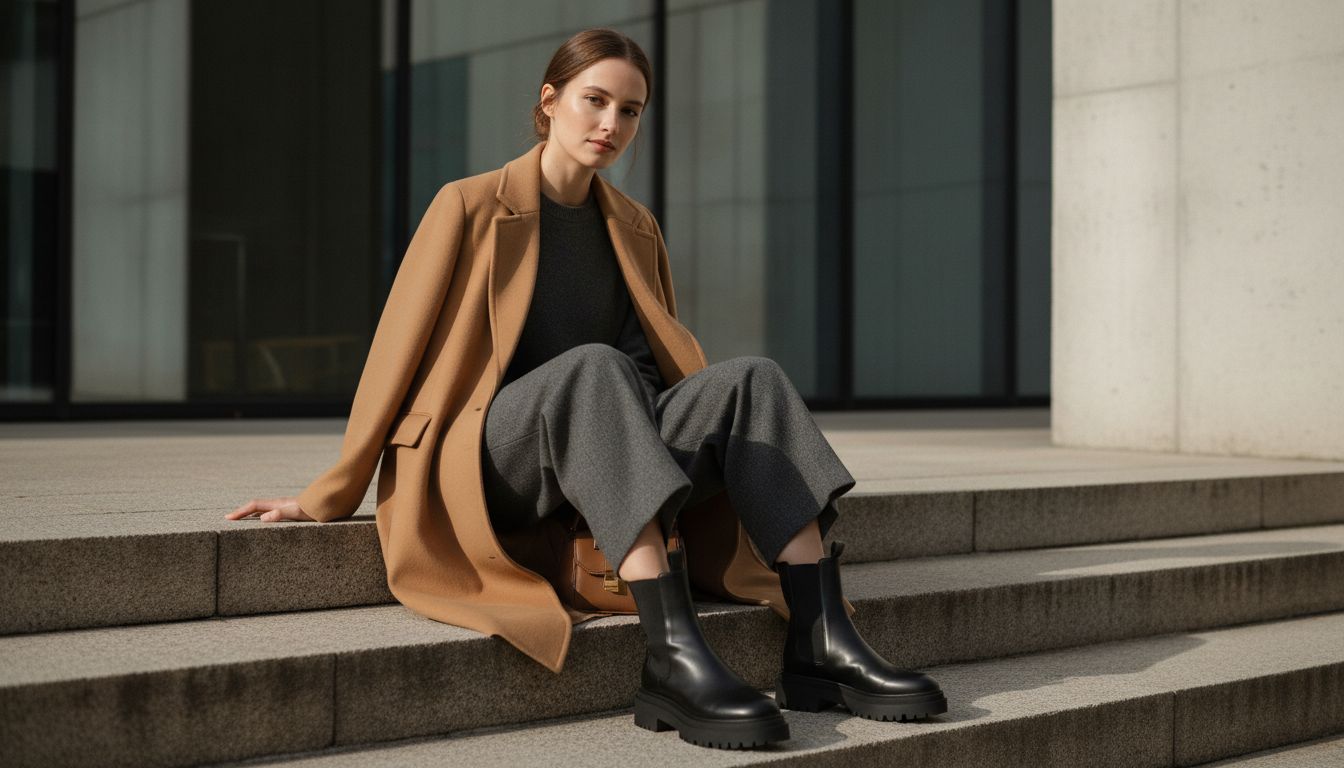 Модель, сидящая на ступеньках, демонстрирующая полный образ с челси на клиновидном протекторе, широкими укороченными брюками и оверсайз-пальто.