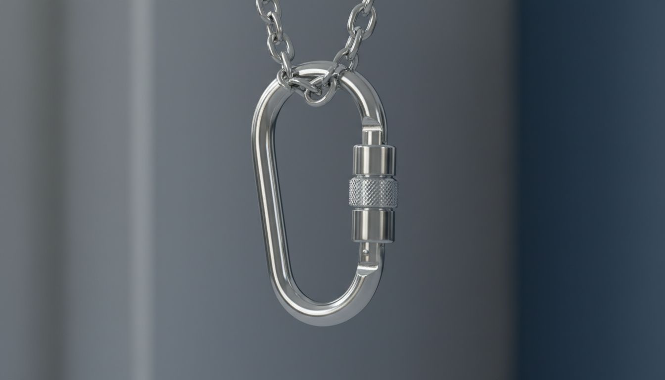 Крупный план полированного серебряного карабина-оверсайз, висящего на толстой цепи, отражающего свет. Видны безупречная обработка металла и механизм застежки.