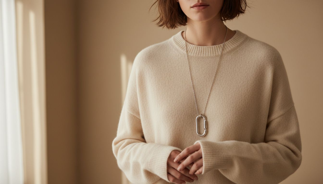 Модель в объемном кашемировом свитере кремового цвета, поверх которого на длинной серебряной цепи висит крупный карабин. Контраст мягкой ткани и жесткого металла очевиден.